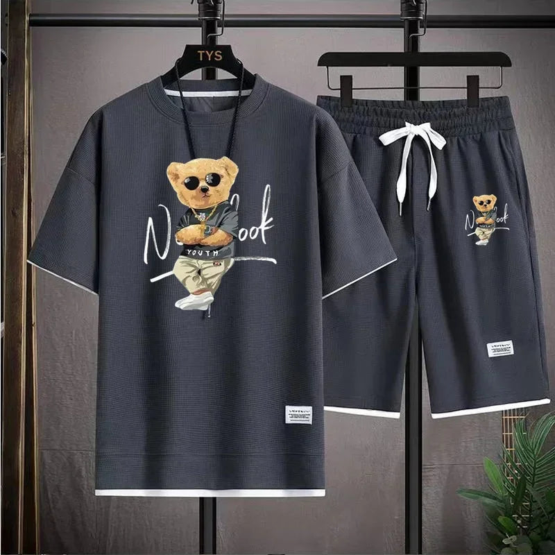 Fashionable Men's Sports Suit Summer Harajuku Casual Short Sleeve O Neck T-shirt And Sports Shorts 3D Bear Printing 2-Piece Set