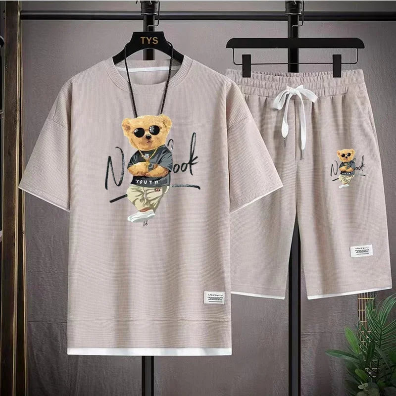 Fashionable Men's Sports Suit Summer Harajuku Casual Short Sleeve O Neck T-shirt And Sports Shorts 3D Bear Printing 2-Piece Set