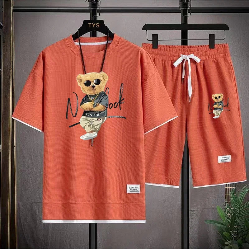 Fashionable Men's Sports Suit Summer Harajuku Casual Short Sleeve O Neck T-shirt And Sports Shorts 3D Bear Printing 2-Piece Set