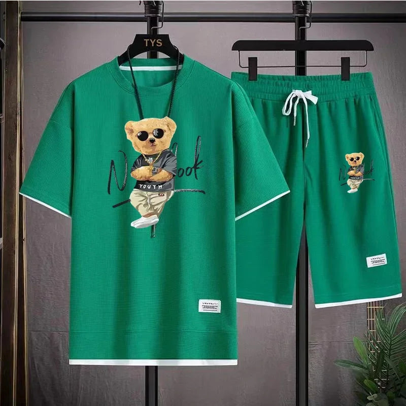 Fashionable Men's Sports Suit Summer Harajuku Casual Short Sleeve O Neck T-shirt And Sports Shorts 3D Bear Printing 2-Piece Set