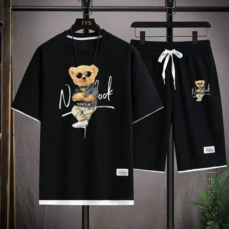 Fashionable Men's Sports Suit Summer Harajuku Casual Short Sleeve O Neck T-shirt And Sports Shorts 3D Bear Printing 2-Piece Set